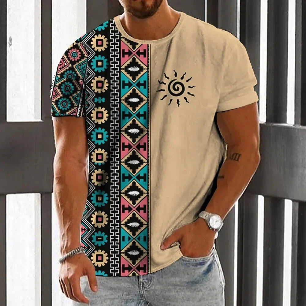 Men'S Ethnic Fashion Trends - 빈티지 민족 스타일 남자 티셔츠 여름